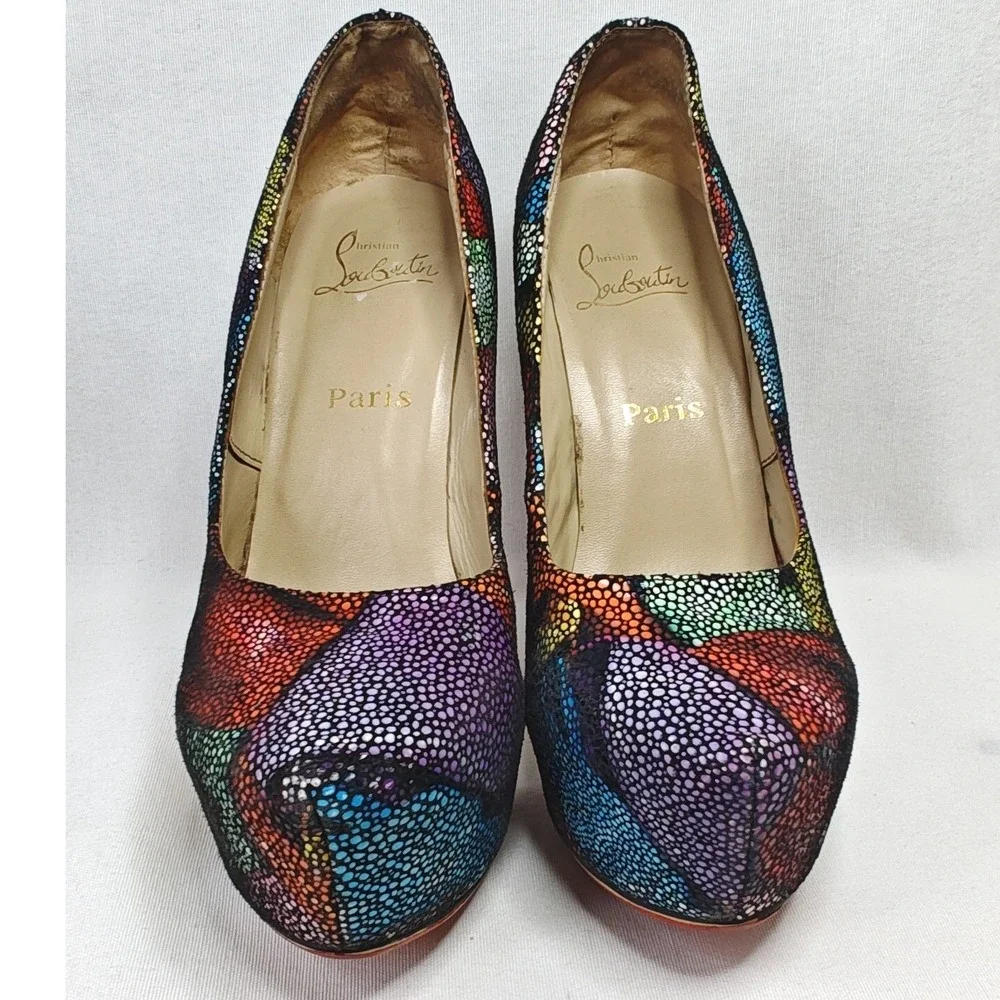Christian Louboutin Daffodile Pumps 40 Pebble Texture Platform Leather Heels Red